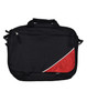 A black flap satchel/shoulder bag with a red accent and a logo on the front. It features handles and strap attachments.