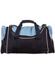A duffle bag in navy blue and light blue with a zip closure and two side pockets. It features a logo.