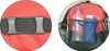 A red and black duffle bag featuring a strap buckle and a front pocket with a drink bottle and rolled-up item.