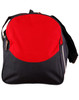 A red and navy blue duffle bag with a shoulder strap and a small logo on the front.