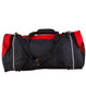 A black and red duffle bag with shoulder straps and side pockets, featuring a logo on the front.