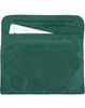 A green satchel with two pockets, featuring a velcro closure and documents inside. It has a simple, minimalist design.