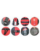A red and black backpack featuring pockets, zippers, a water bottle, and headphone access. It has branding on the exterior.