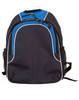 A dark grey backpack with blue accents and mesh side pockets, featuring a logo on the front.
