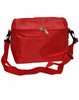 A red cooler bag with a zippered top and an adjustable shoulder strap, featuring a logo on the front.