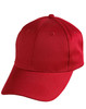 A red polycotton twill cap with a structured design and a front panel. It features a logo on the side.