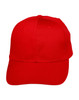 A red polycotton twill cap with a curved brim and ventilation holes, featuring a logo on the front.
