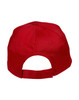 A red polycotton twill cap featuring an adjustable strap and a round back. It has a logo on the back.