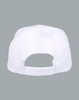 A white polycotton twill cap featuring an adjustable back strap and a logo on the side.