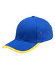A blue cap with a yellow trim and eyelets, featuring a curved peak and an adjustable strap at the back.