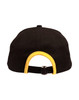 A black cap with a yellow trim at the back, featuring an adjustable strap and a logo.