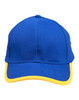 A blue cap with a yellow brim, featuring a logo on the front.