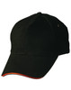 A black cap with a curved peak, featuring a contrasting red accent on the brim and a logo present.