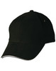 A black cap with a curved visor and a contrasting trim, featuring a logo.