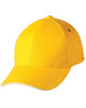 A yellow cap with a rounded crown and a curved peak, featuring a small logo on the side.