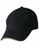 A black cap with a curved brim and a decorative trim, featuring a logo on the side.