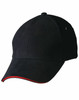 A black cap with a curved peak and a red underbrim. It features a small logo on the side.