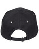 A black cap with a curved brim, showing eyelets and an adjustable strap at the back. It features a logo.