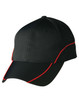 A black cap featuring contrast red lining and a curved brim, with a logo on the front.