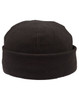 A black polar fleece beanie featuring a rounded top and a folded cuff, with a logo on the side.