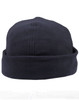 A dark navy polar fleece beanie with a rolled cuff and stitching details, featuring a logo.