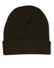 An acrylic beanie in dark green with a ribbed design and folded brim. It features a logo on the side.
