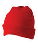 A red acrylic beanie featuring a ribbed texture and a folded cuff, displayed against a white background.