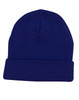 A blue acrylic beanie with a folded ribbed cuff and a smooth crown, featuring a logo on the side.