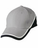 A cap featuring a tri-colour design in grey, black, and white with a logo.