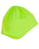 A bright yellow polar beanie with ear covers, featuring a simple design and a logo.