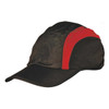 A black and red foldable cap featuring a logo. The cap has a curved brim and a sporty design.