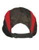 A black and red foldable cap with a flat brim and adjustable strap at the back, featuring a logo.