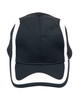 A black cap with white accents and a logo, featuring a structured design and curved brim.