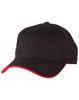 A black cap with a contrasting red trim and a logo on the front.