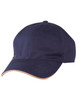 A navy cap with a contrasting beige peak and an embroidered logo on the front.