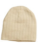 A cream cable knit beanie featuring a fleece headband and a logo detail.