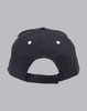 A black structured cap featuring a curved brim and an adjustable back strap. It includes ventilation eyelets.