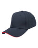 A navy blue cap with a contrasting red brim and a logo on the front.