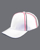 A structured cap in white with red and black contrasting stripes, featuring a small logo.
