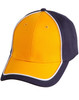 A two-tone cap featuring a bright yellow front and dark navy sides, with contrasting white piping and eyelets.