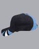 A tri-colour cap featuring black, blue, and white detailing, designed with a logo on the side.