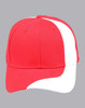 A red baseball cap with a white stripe, featuring a logo on the front.