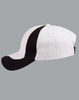 A baseball cap with a white crown and black peak, featuring a side stripe and a logo.