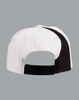 A white baseball cap featuring a black stripe on the back and an adjustable strap, with a logo on the side.