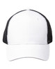A Premium Cotton Twill Trucker Cap in white with black mesh sides and a logo on the front.