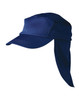 A navy poly cotton legionnaire hat with a long flap at the back and a front peak. It features a logo.