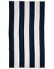 A striped beach towel featuring alternating navy blue and white stripes, with a logo at one corner.