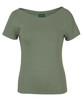 A green ladies' short sleeve boat neck tee, featuring a fitted design and a logo inside the collar.
