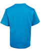 A blue kids' T-shirt with a round neck and short sleeves, featuring a logo on the back.
