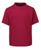 A red children's t-shirt with short sleeves and a high collar, featuring a branding logo.
